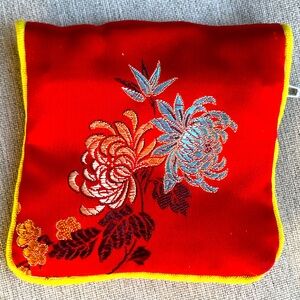 Floral Embroidered Red Yellow Coin purse w/ Asian style flowers Zipper and Snap
